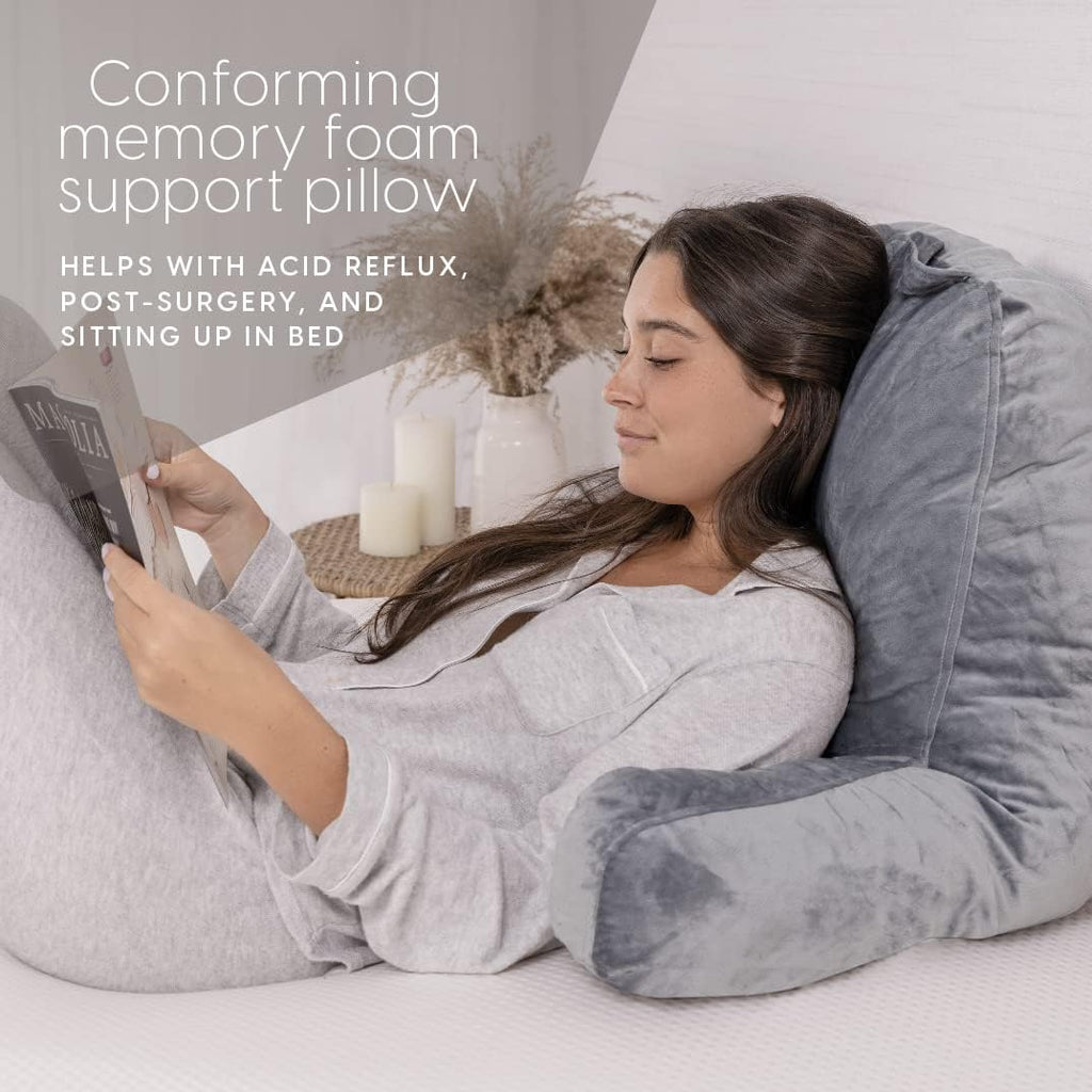 Milliard Reading Pillow with Arms, Grey, Shredded Memory Foam Back Pillow for Bed Sitting Up - Sit Up Backrest Support for Reading & Rest…