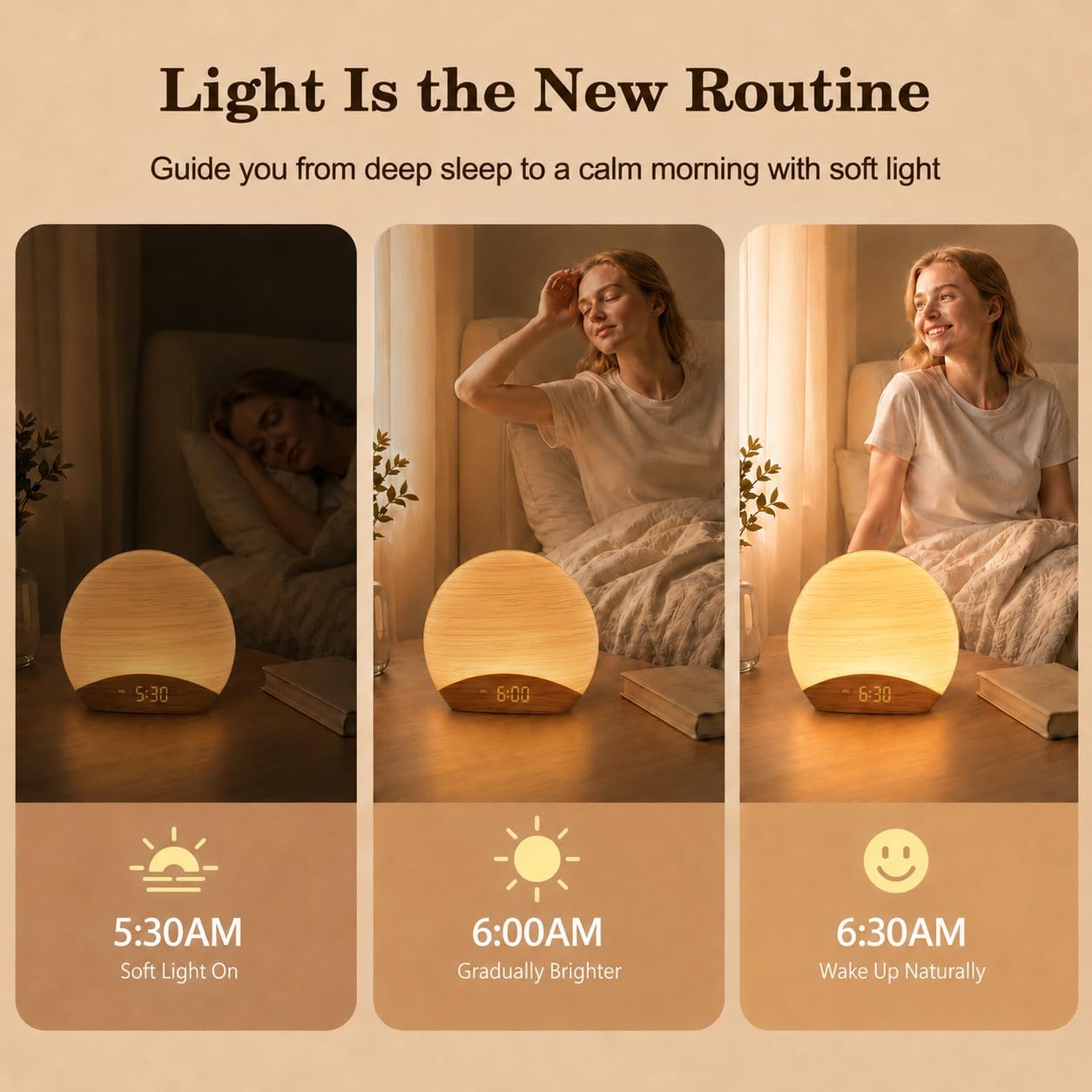 REACHER Natural Wood Grain Sound Machine Sunrise Alarm Clock,26 Nature Inspired Sleeping Sounds, 0-100% Dimmable Clock, Night…