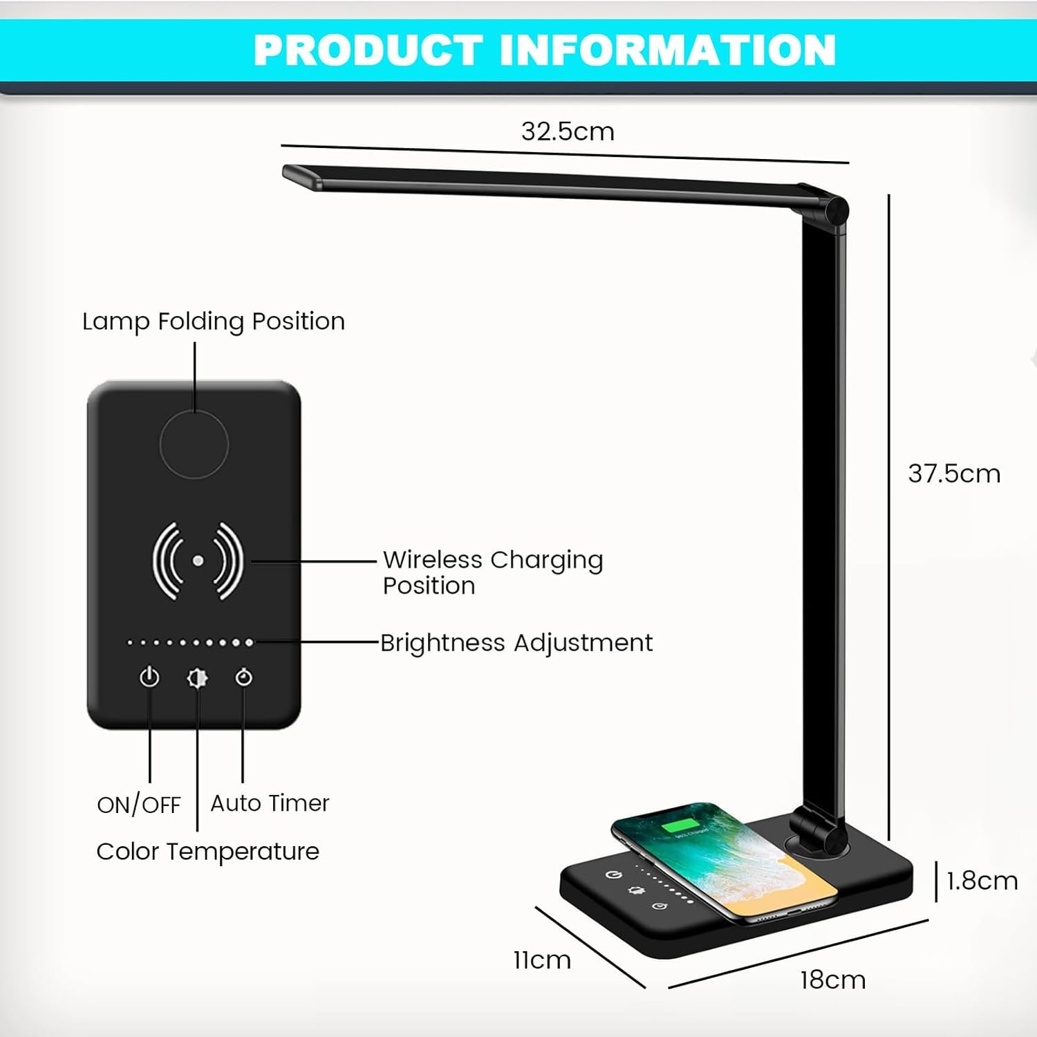 Jostic LED Desk Lamp with Wireless Charger, USB Charging Port, 10 Brightness, 5 Color Modes, Desk Lamps for Home Office, Dimmable Table Lam…