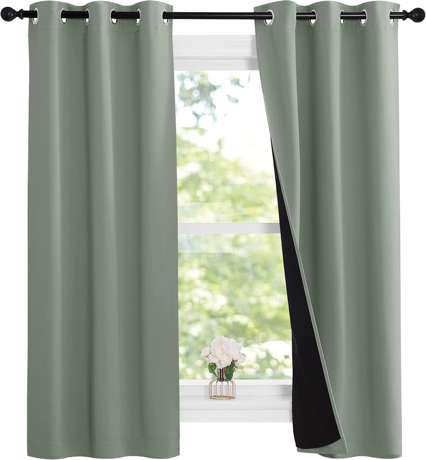 Nicetown Greyish Green 100% Blackout Lined Curtains, 2 Thick Layers Narrow Wide Window Treatment Panels Thermal Insulated Drapes for Kitche…