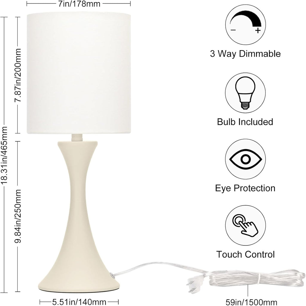 Seaside village Dimmable Bedside Lamp, 3 Way Touch Control Table Lamp, Modern Nightstand Lamp with Beige Shade and Cream Base, Small Desk…