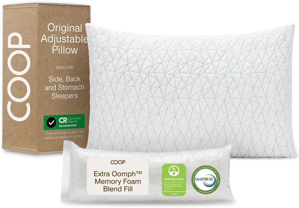 CoopSleepGoods Coop Home Goods Original Adjustable Pillow, King Size Bed Pillows for Sleeping, Cross Cut Memory Foam Pillows - Medium Firm…