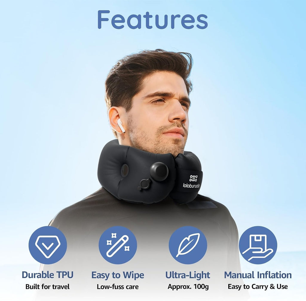 Inflatable Neck Pillow, Portable Travel Neck Pillow Airplane, Storable Black Neck Pillows Travel with Washable Cover, Adjustable Air-Fill…