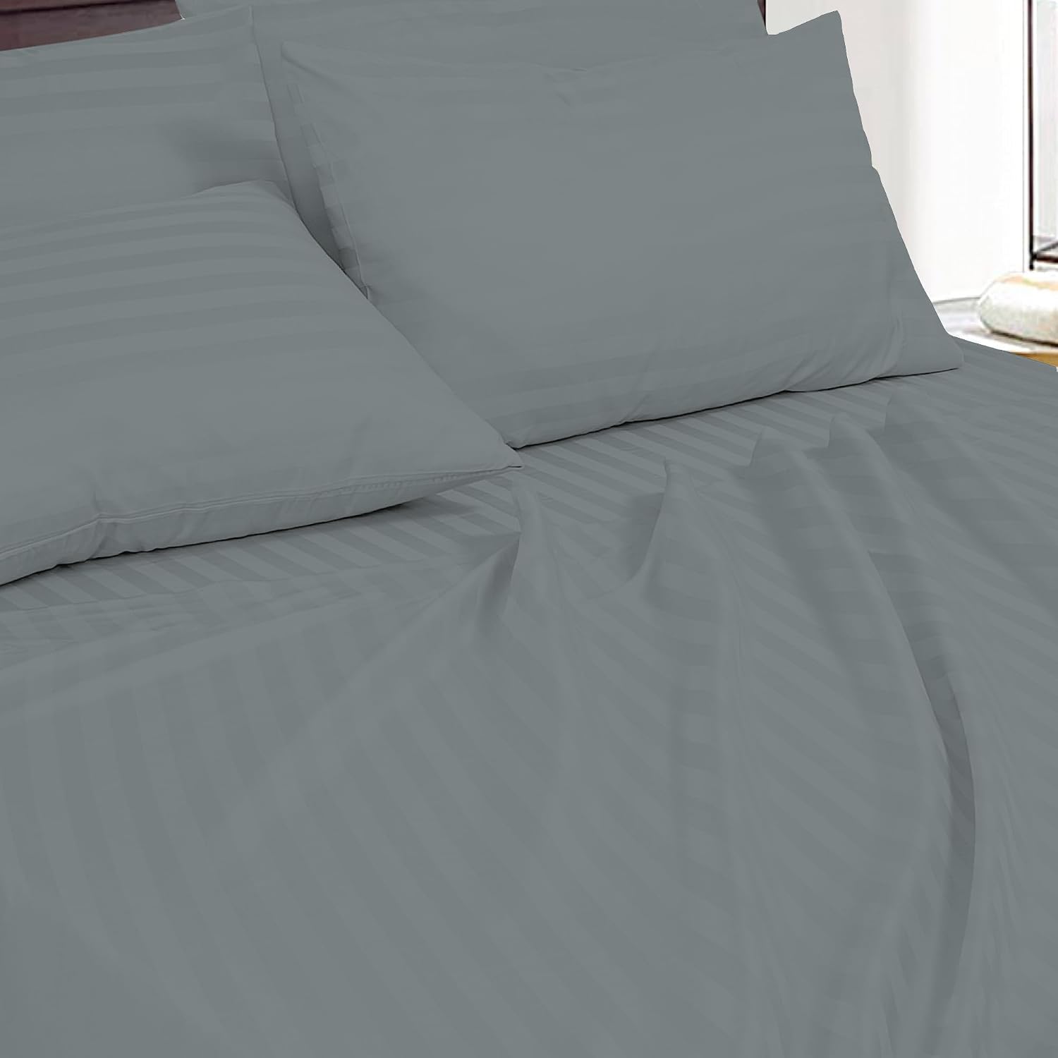 Royalelinens ROYALE LINENS 1500 Thread Count Sateen Dobby Stripe Poly/Cotton Sheet Set - 6 Piece King Bed Sheets - 1 Fitted, 1 Flat, 4 Pill…