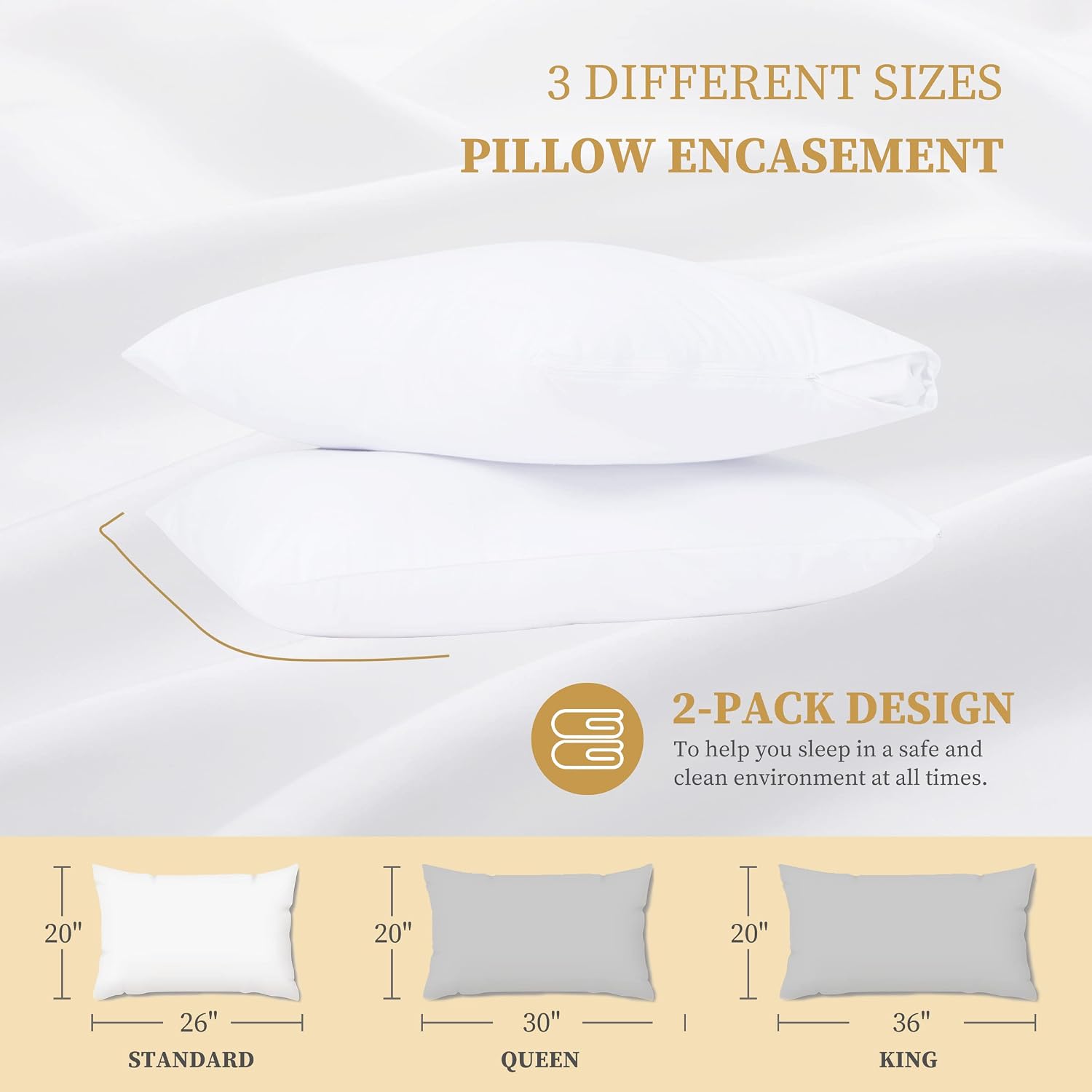 SafeandSound Standard Size Waterproof TPU Coating Pillow Protector with Zipper, Cotton Breathable Quiet Pillow Encasement Superior Moisture…