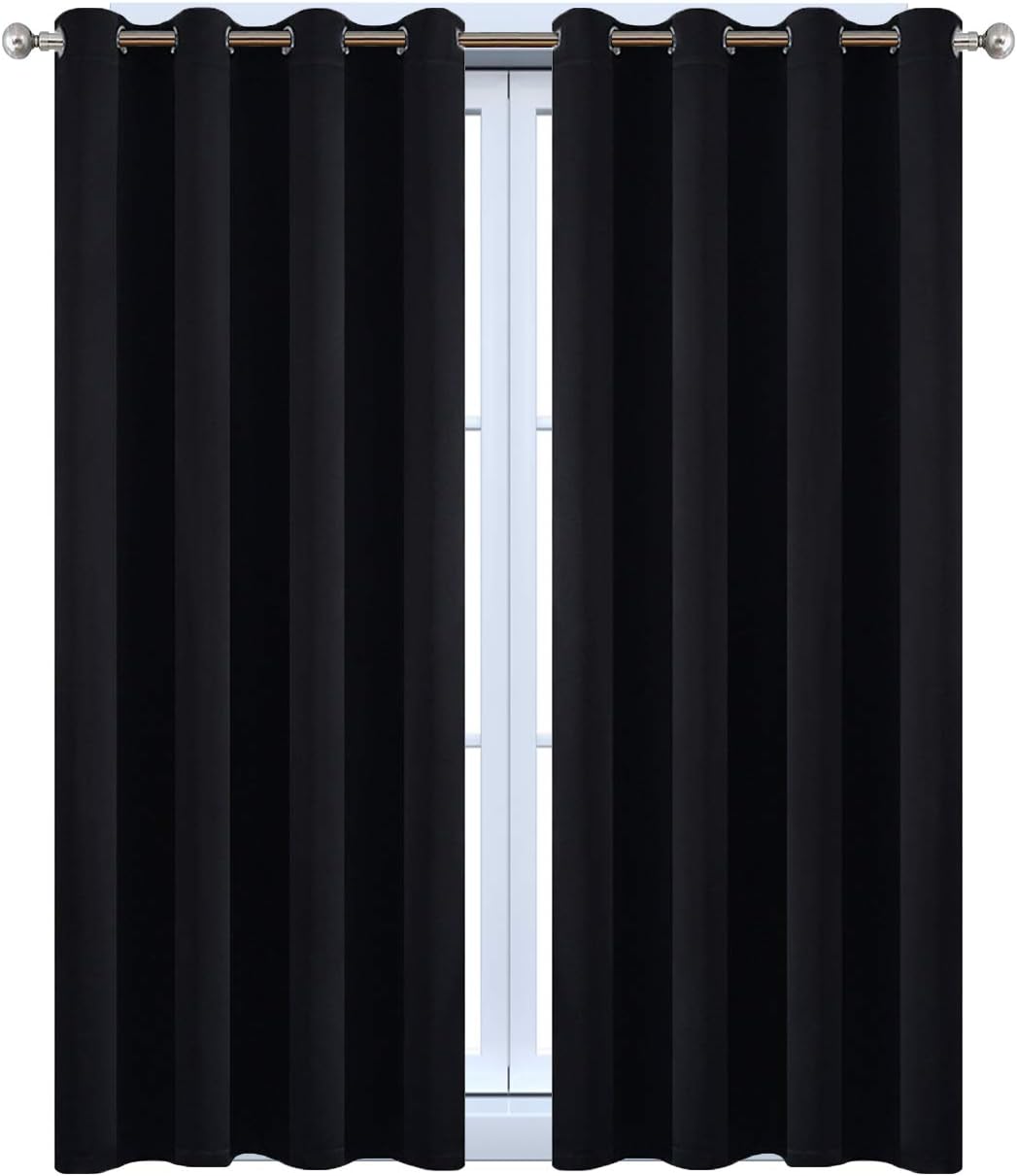 Yakamok Blackout Curtains for Bedroom, Thermal Insulated Blackout Grommet Top Drapes for Living Room, Black,52x45 Inch, 2 Panels
