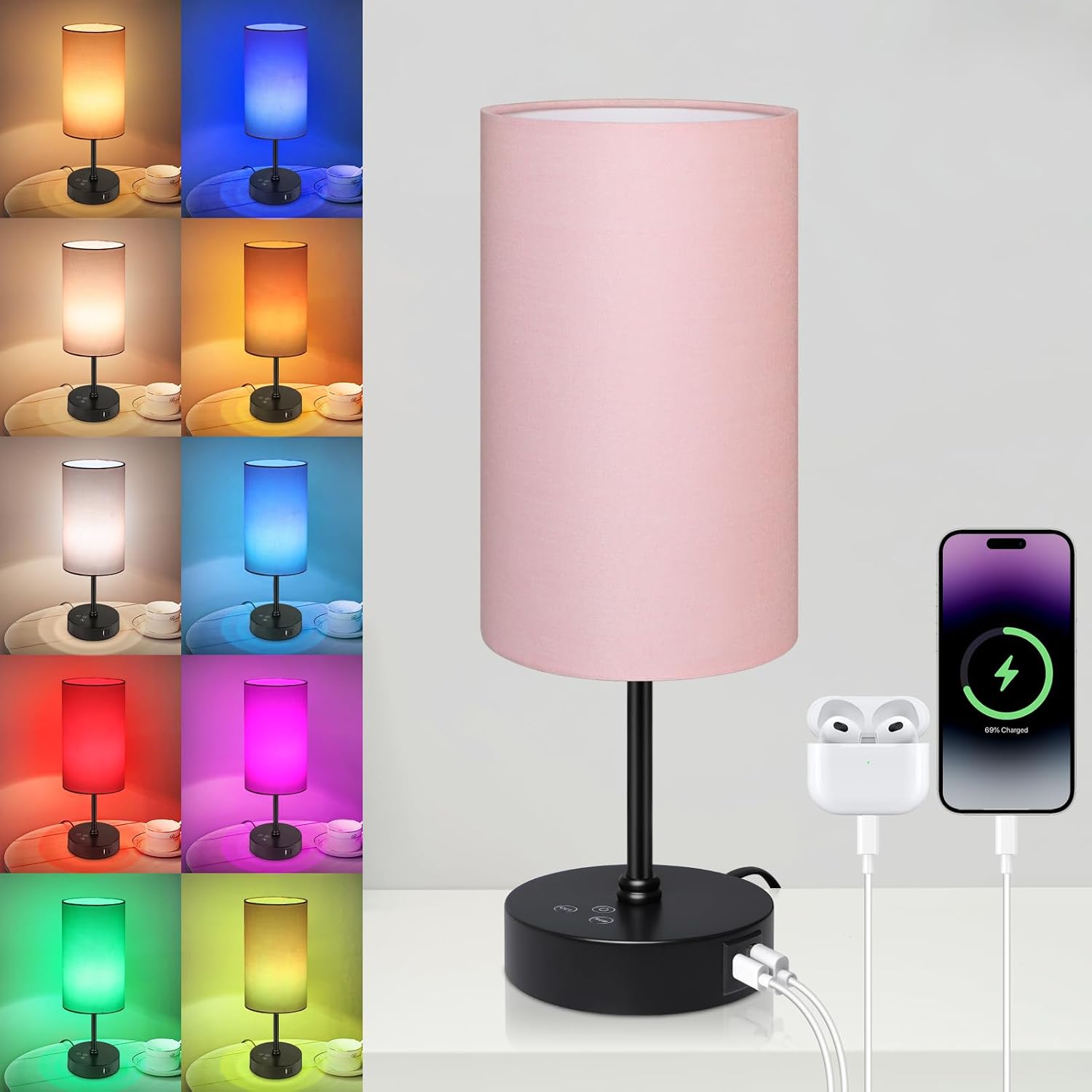 Unicozin Table Lamp for Bedroom, 3 Color Temperatures, 7 RGB Colors, Adjustable Brightness, Dual USB Charging Ports, Ambience Nightstand…