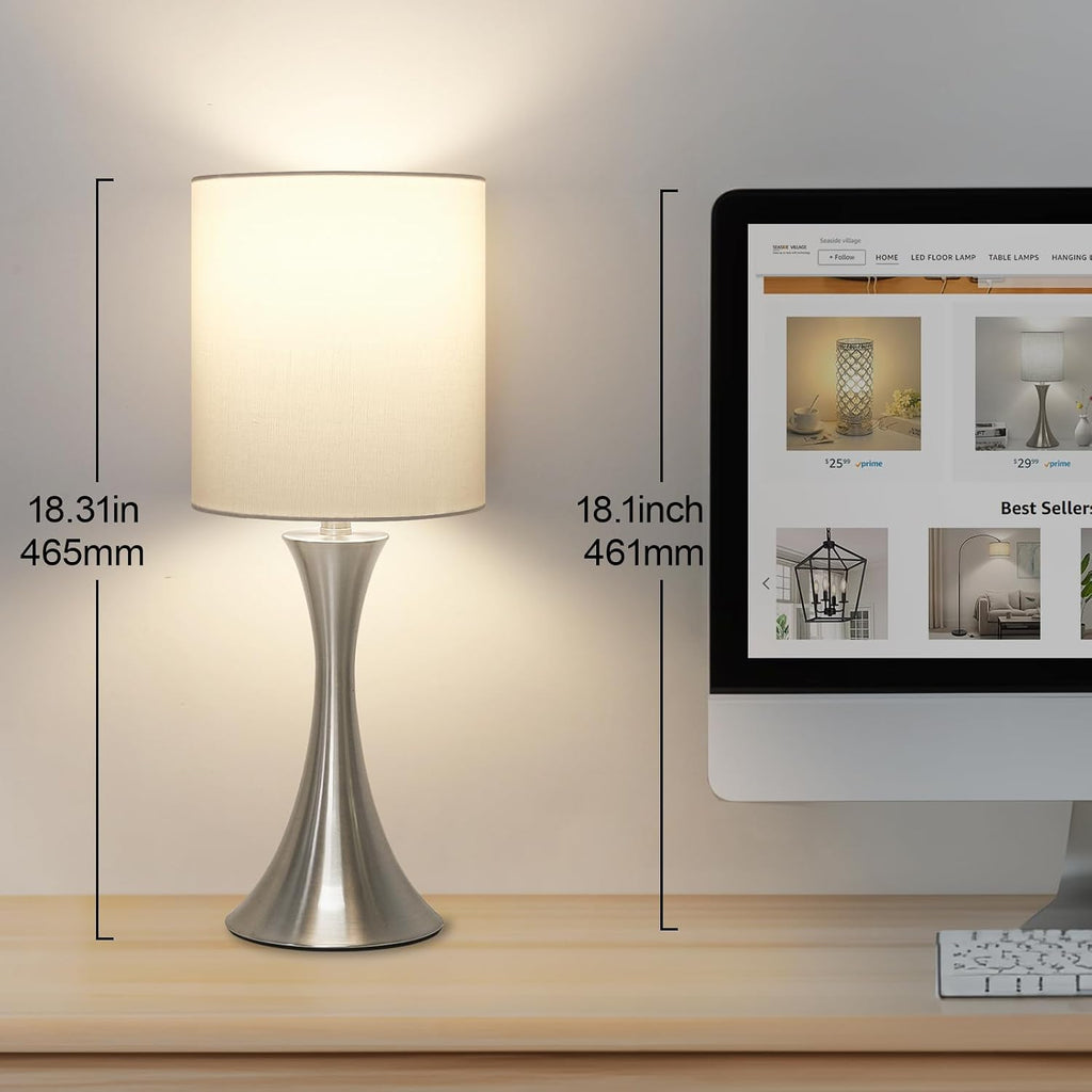 Touch Control Table Lamp, 3-Way Dimmable Bedside Lamp for Living Room, Modern Nightstand Lamp for Bedroom, Silver Table Lamp with White…