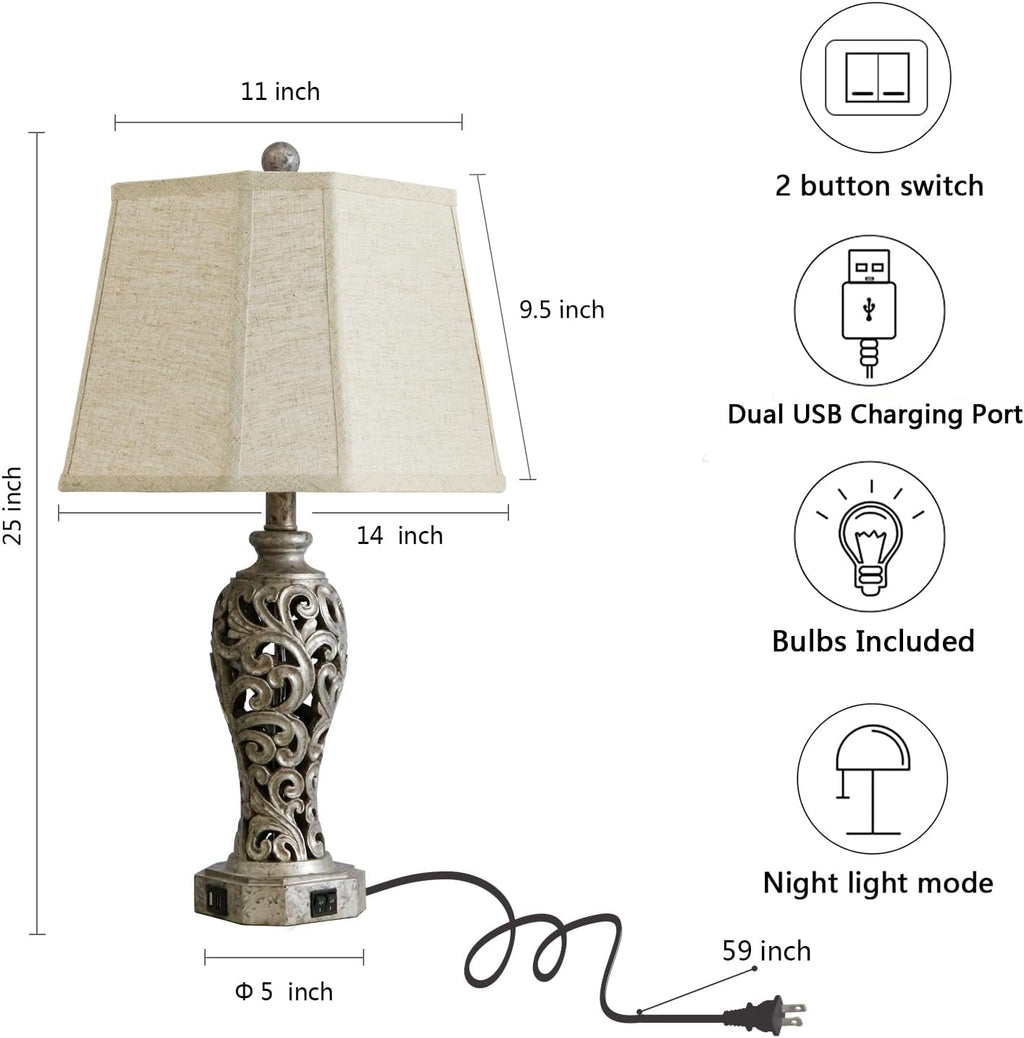 Vintage Table Lamps Set of 2 for Living Room Bedroom, 2 USB Ports 25'' Rustic Farmhouse Desk Lamp with Nightlight, Iron Gray Hollow Out…