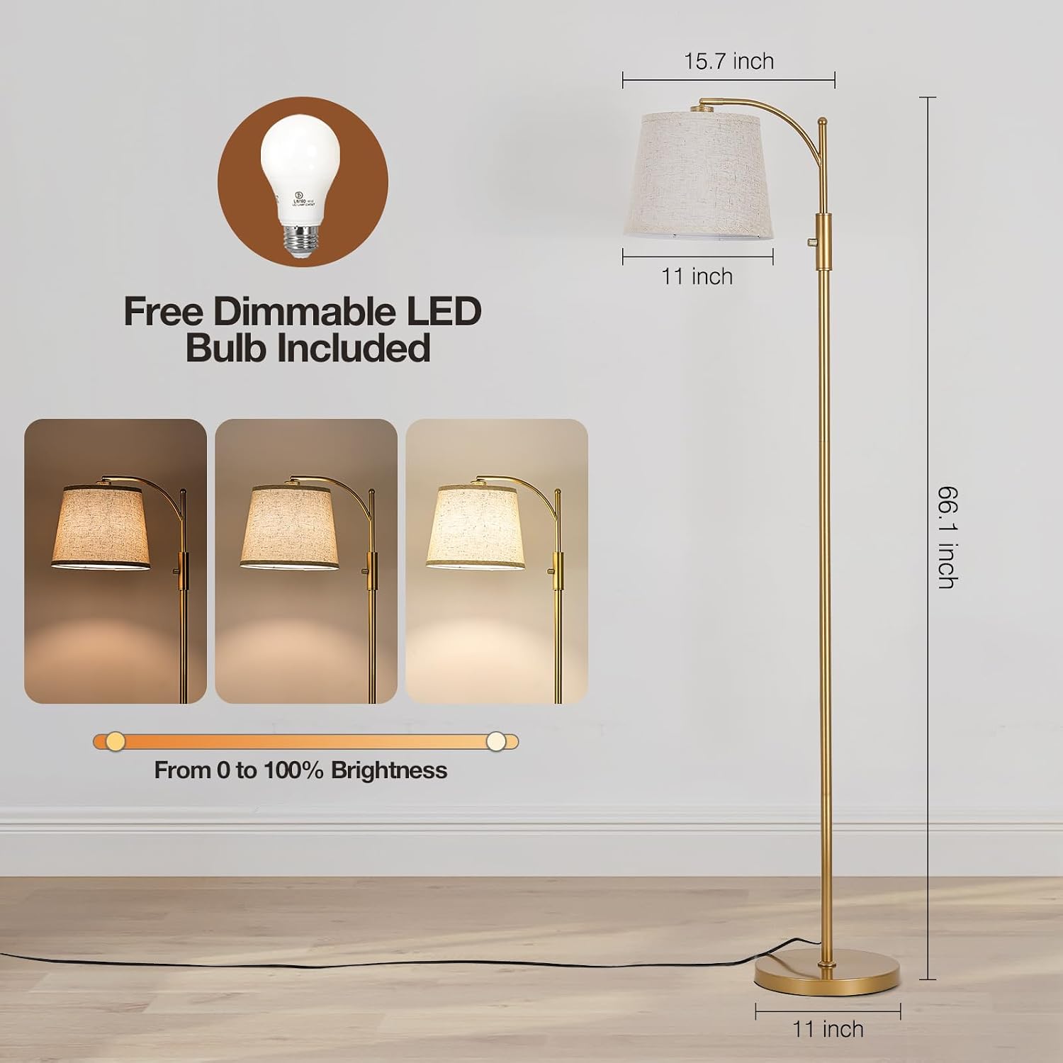 AIDENOEY Fully Dimmable Floor Lamp for Living Room, Standing Lamp Rotary Switch with Linen Beige Shade, Golden Tall Lamps for Bedroom with…