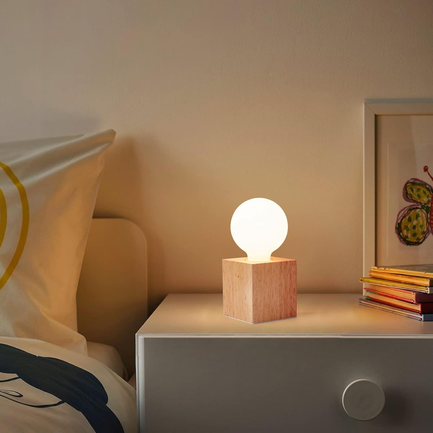 Vintage Table Lamp, Small Bedside Lamp with Square Wooden Base Desk Lamp, E26 60W Night Light Perfect for Bedroom Living Room Home Art…