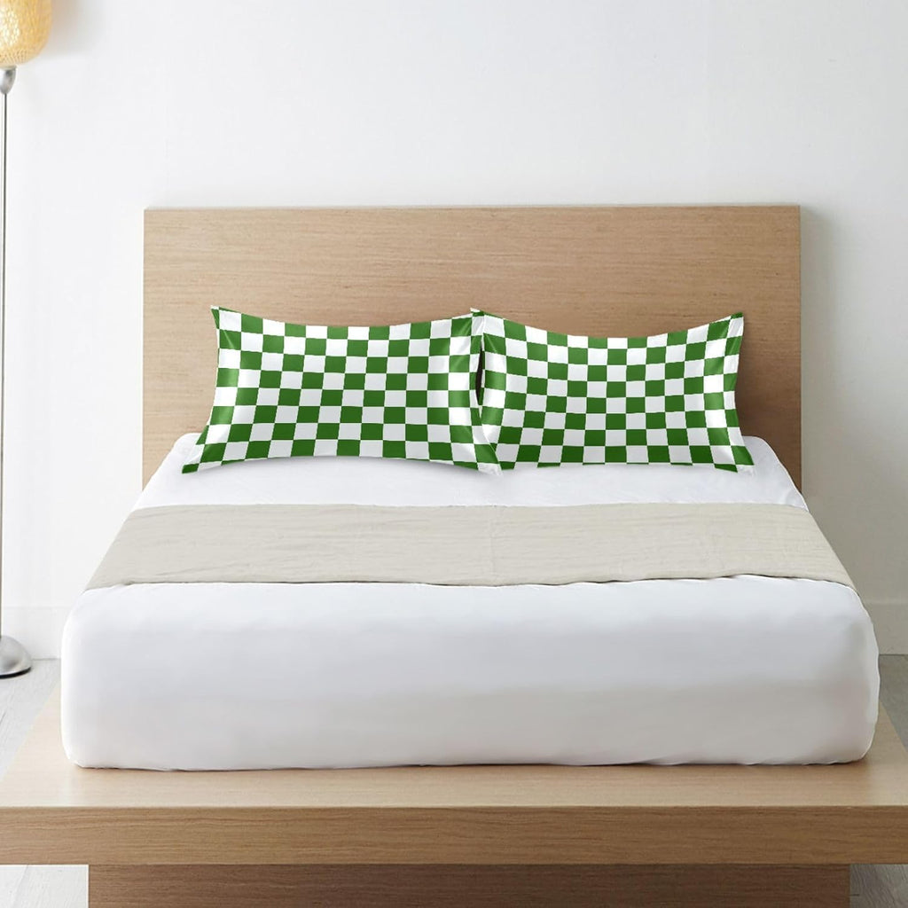 Checkerboard White Green Plaid Print Pillow Covers Silk Pillowcase for Hair and Skin with Envelope Closure Soft Satin Pillowcase King…