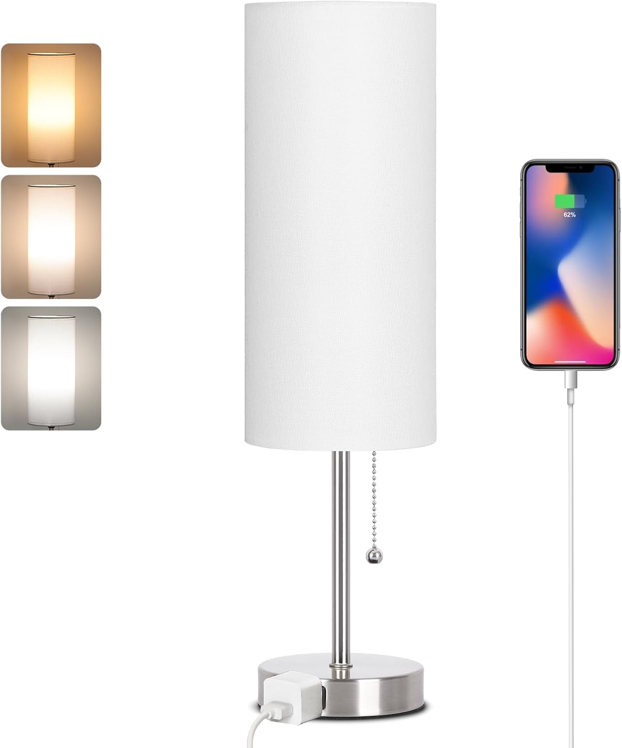 Dott Arts 18" Table Lamp for Bedroom, 3-Color Bedside Lamps with Pull Chain, Bedroom Table Lamps for Nightstand, AC Outlet Small Lamp for…