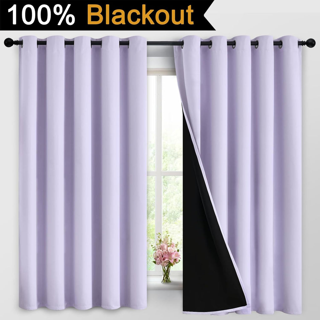 Yakamok 2 Thick Layers 100% Completely Blackout Window Curtains, Thermal Insulated Noise Reducing Drapes for Girl's Bedroom(62Wx63L, Lilac,…