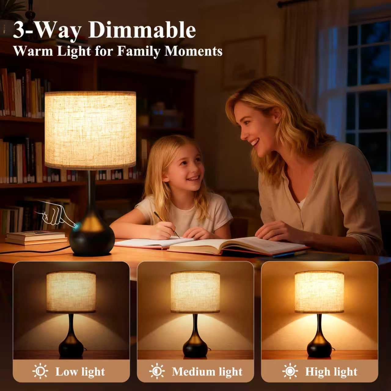 ONEWISH Touch Bedside Lamp for Bedroom, 3-Way Dimmable Table Lamps for Nightstand with Cylindrical Fabric Shade, Desk Lamp for Living…