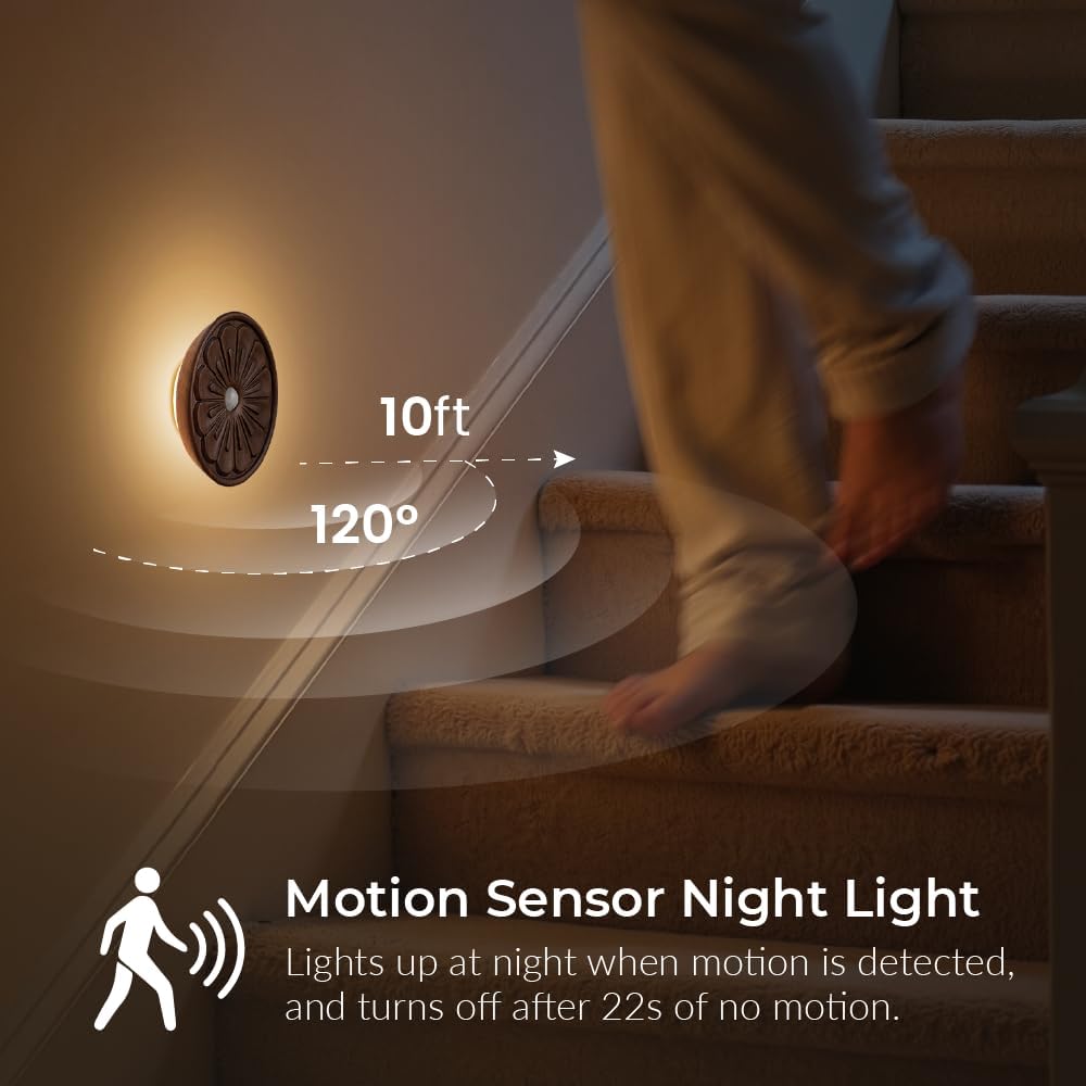 Wood Flower Motion Sensor Night Light, Mini Lamp with Embossed 3D Floral Surface, Rechargeable Warm Light, Stick-On Magnetic Mount for…