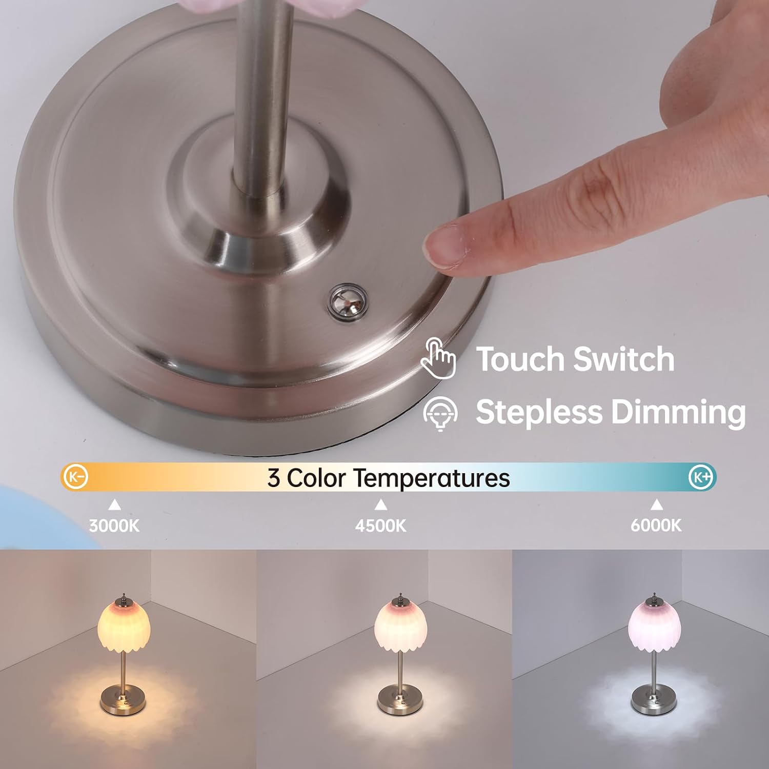Shenmoyl Rechargeable Table Lamp with 5200mAh Battery & Touch Control - 3 Adjustable Color Temperatures, Cordless Dimmable Table Light…