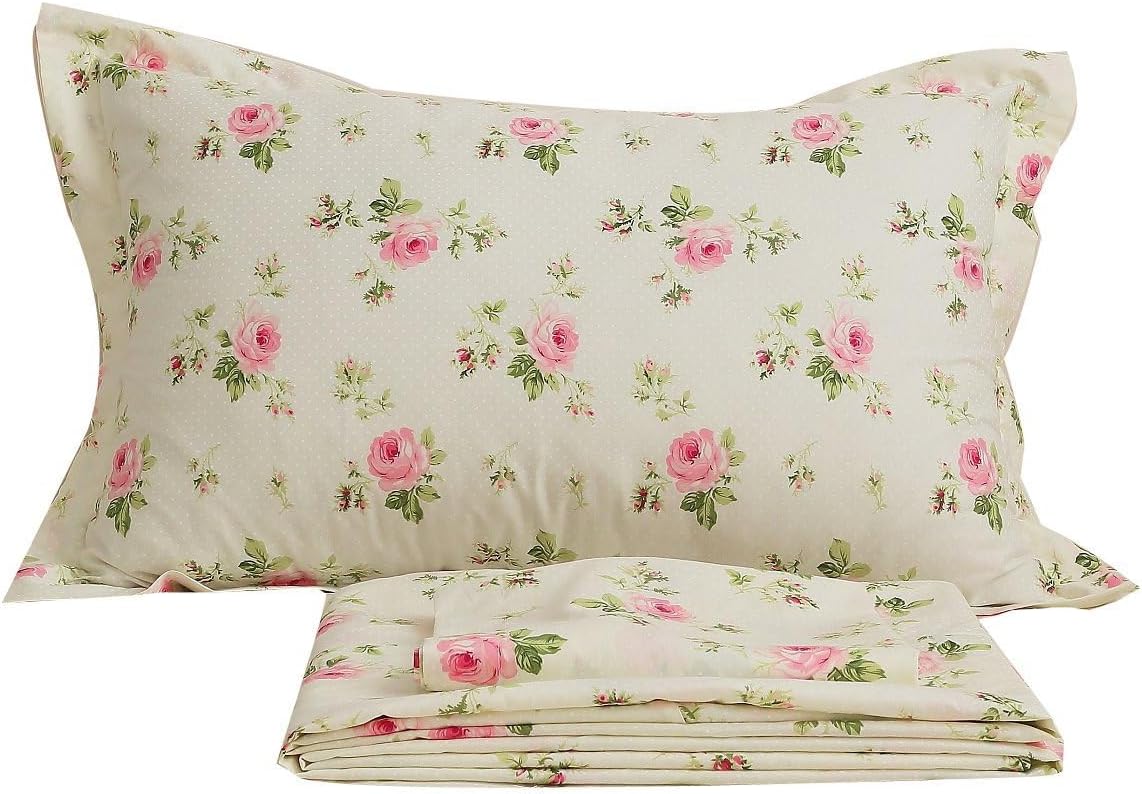 FADFAY Floral Sheets for Queen Size Bed Cotton Pink Rose Bed Shees Shabby & Chic Bedding Light Yellow Rosette Print Breathable Soft…