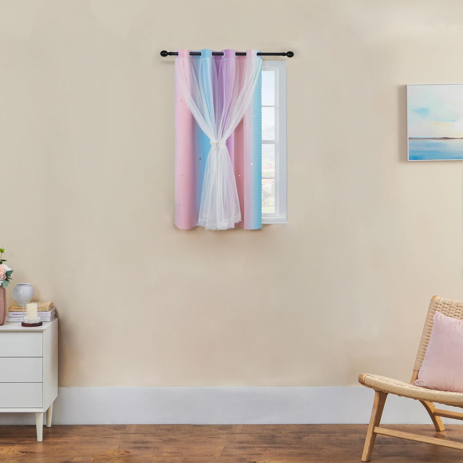 Addsomecolortolife XiDi Blue Curtains for Bedroom, Blackout Curtain for Kids Room, Pink and Purple Curtain Double Layer Drapes 42 Inchs Lon…