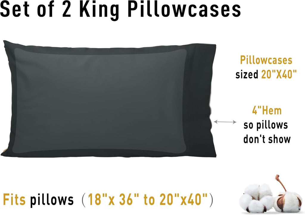 Sunflower King Pillowcases Set of 2, 100% Cotton King Size Pillow Cases 2, 20×40 inches Black, Soft and Breathable