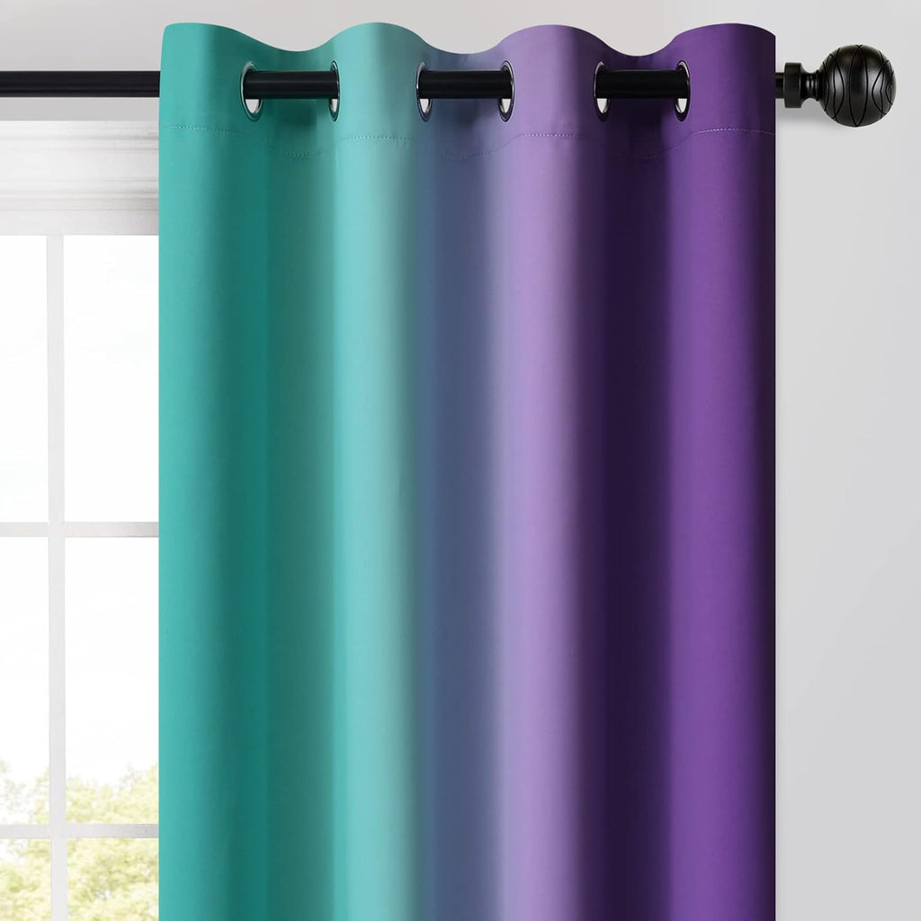 Yakamok Ombre Teal and Purple Curtains for Bedroom, Gradient Room Darkening Curtains 84 inches long, Grommet Thermal Insulated Light Blockin…