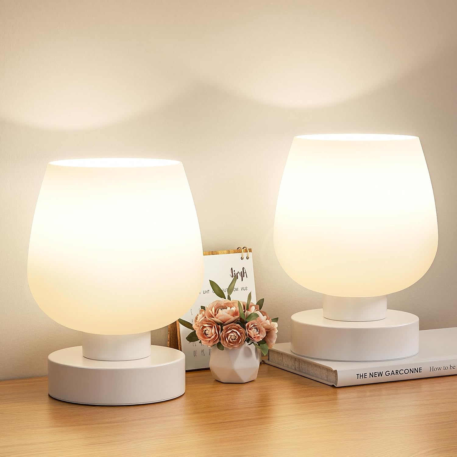 Seealle Touch Bedside Table Lamp Set of 2 - Small Bedside Lamp for Bedroom Living Room Night Stands, Desk Lamp with White Glass Shade for…