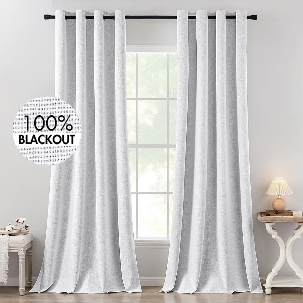 Miulee Linen Texture Curtains for Bedroom Solid 100% Blackout Thermal Insulated Grayish White Curtains Grommet Room Darkening Curtains/Drap…
