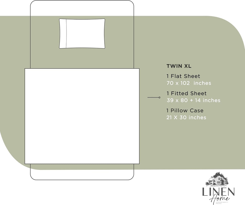 Linen Home 100% Cotton Percale Sheets Twin XL Size, Sage, Deep Pocket, 3 Pieces Set - 1 Flat, 1 Deep Pocket Fitted Sheet and 1…