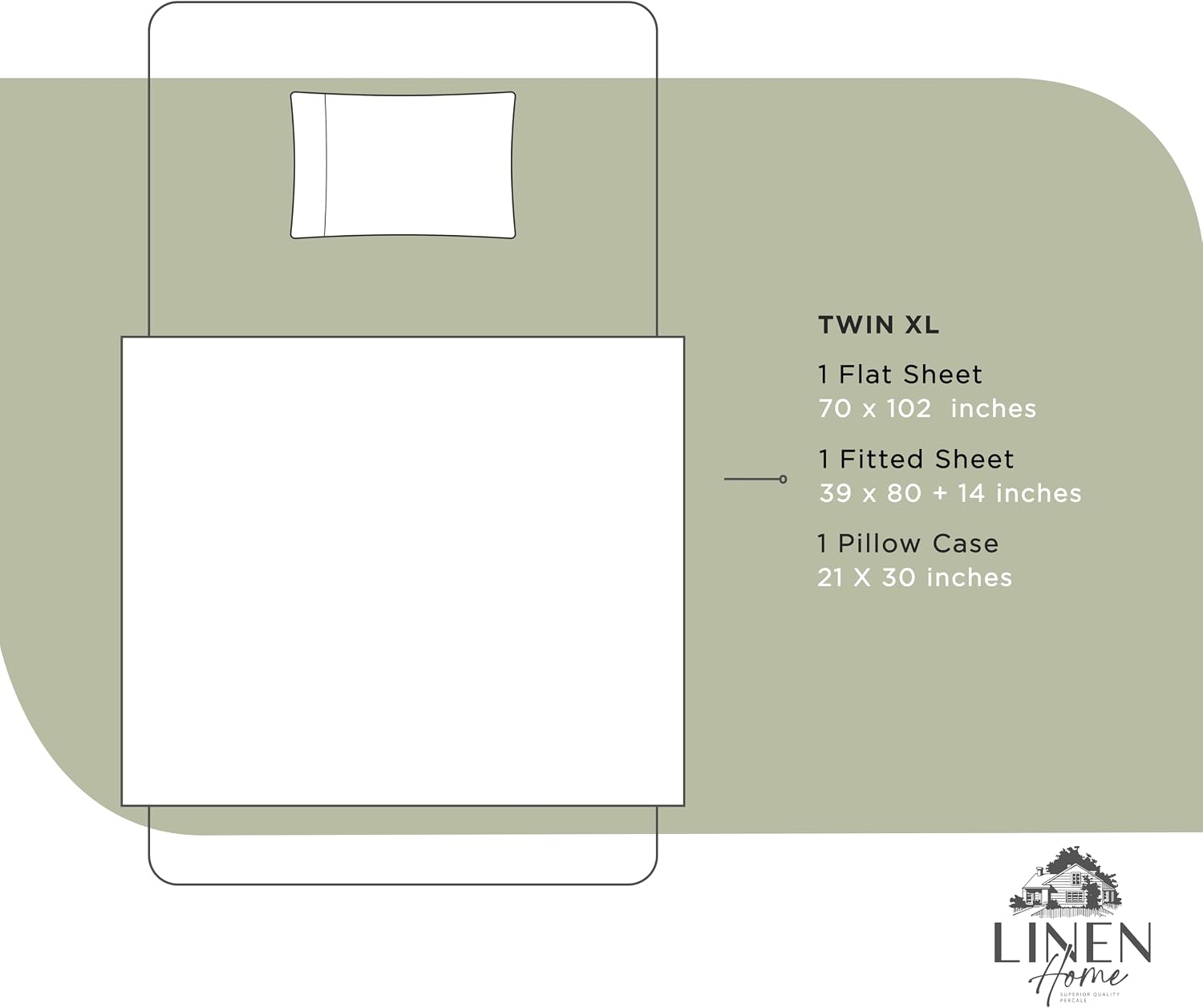 Linen Home 100% Cotton Percale Sheets Twin XL Size, Sage, Deep Pocket, 3 Pieces Set - 1 Flat, 1 Deep Pocket Fitted Sheet and 1…