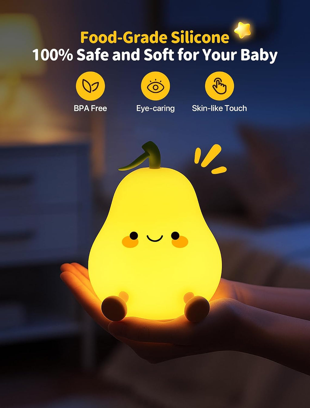 Pear Night Light for Kids, Nursery Night Lights, Bedside Touch Lamp, Cute Silicone Nightlight for Baby Toddler, 3 Level Dimmable Soft…