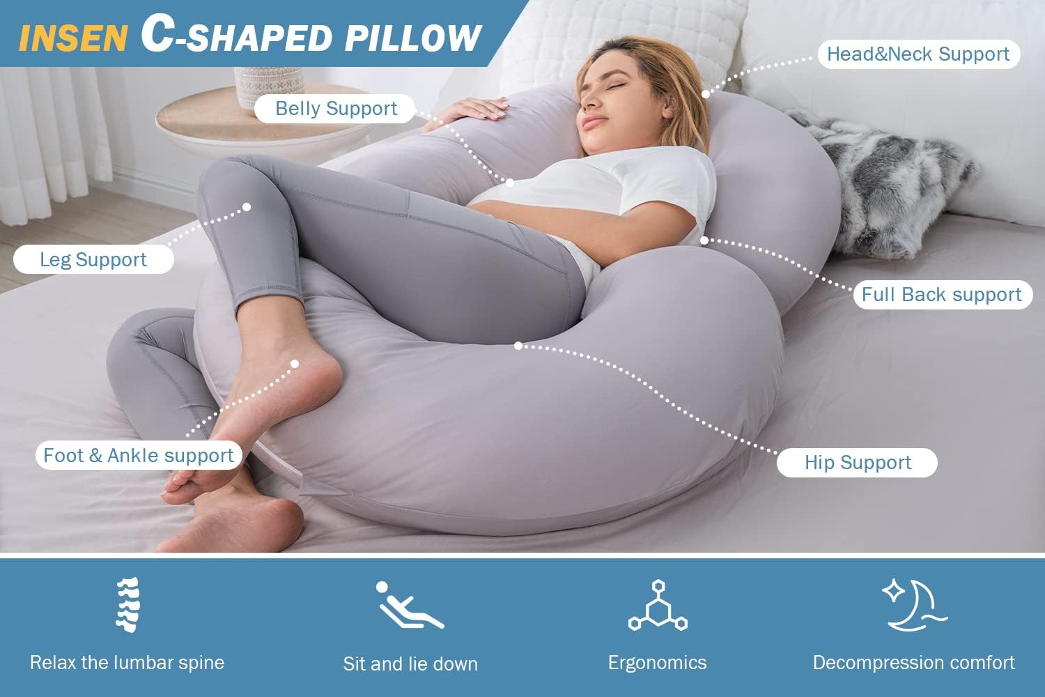 INSEN Cooling Pregnancy Pillow, Maternity Pillow with Tencel Cover, C Shaped for Pregnant and Side Sleeping, Sliver Gray