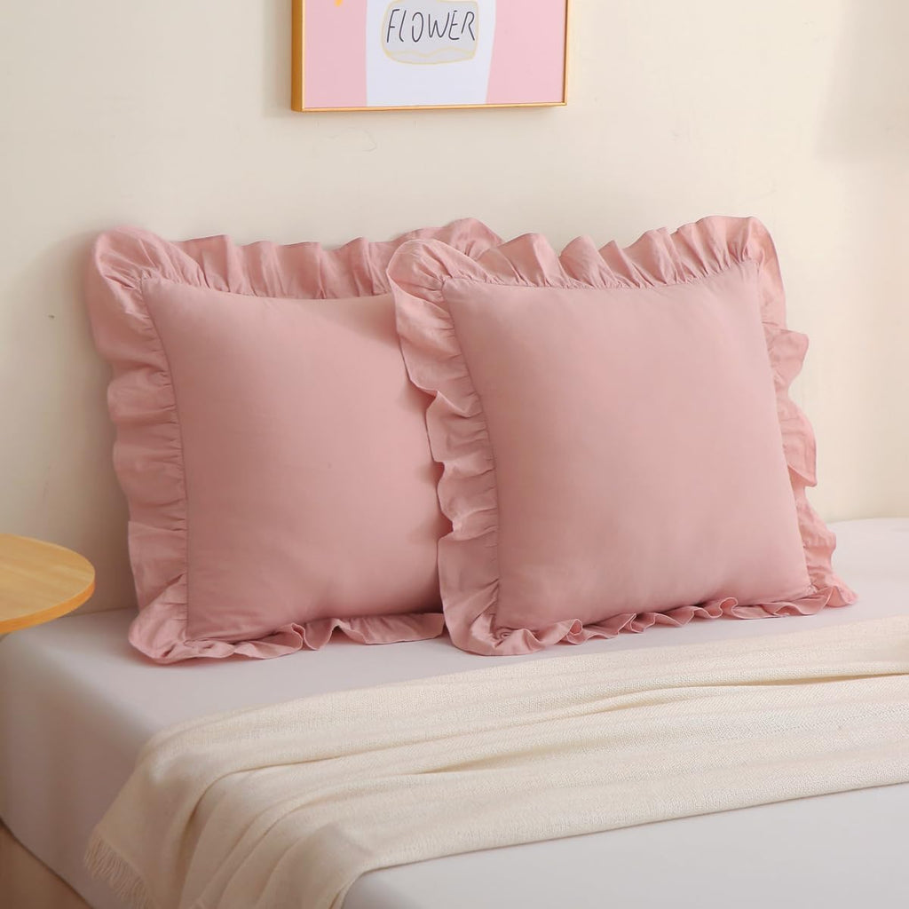 Silnuo 2 Pack Dusty Pink Ruffled Throw Pillow Covers Washed Cotton Farmhouse Decorative Pillowcases Bed Pillow Shams 20"x20" 2 Pack Cotton…