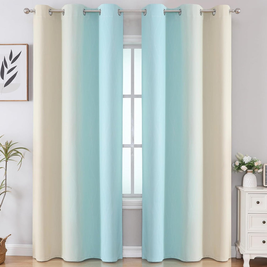 Estelartextiler Estelar Textiler Aqua and Beige Room Darkening Blackout Curtains 84 Inch Length 2 Panels Set for Living Room, Thermal Insul…