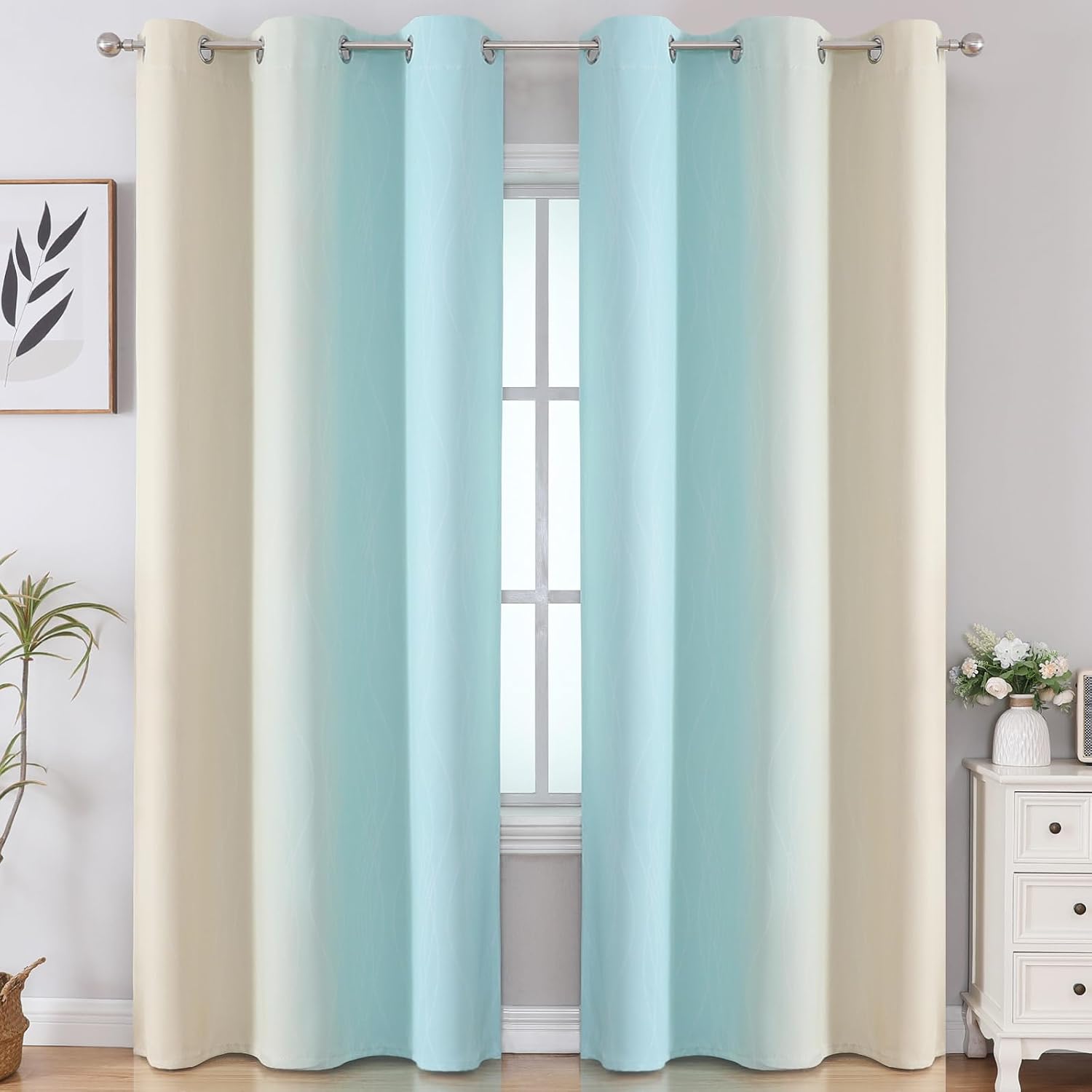 Estelartextiler Estelar Textiler Aqua and Beige Room Darkening Blackout Curtains 84 Inch Length 2 Panels Set for Living Room, Thermal Insul…