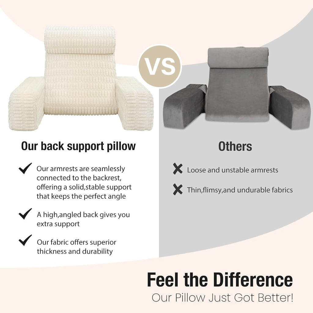 19" Reading Pillow for Bed with Built-in Arms & Large Pockets, Supportive Backrest Cushion for Reading, Resting, or Reclining, Washable…