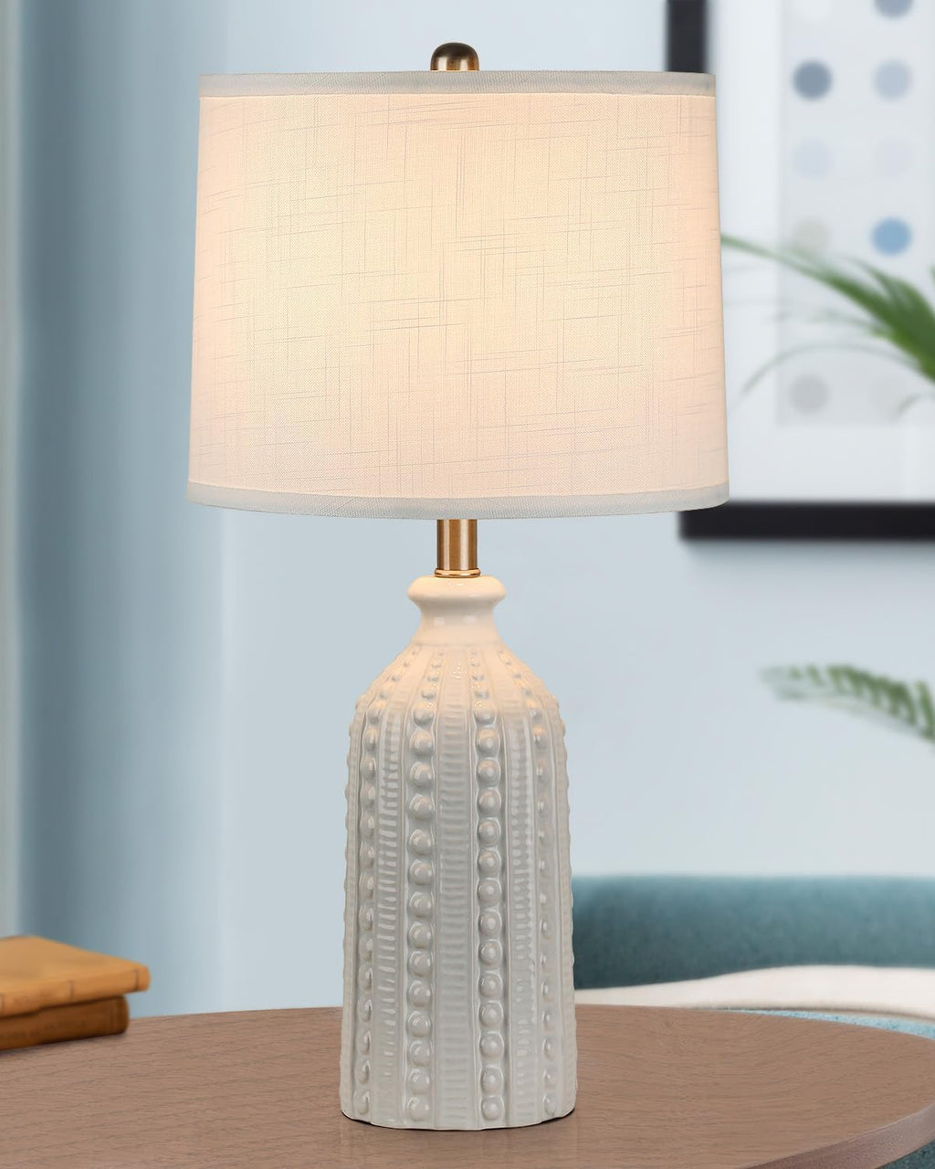 JUNNAI White Ceramic Table Lamp 24.5": 3-Way Dimmable Bedside Lamp with White Drum Slub Shade, Modern Nightstand Lamp for Bedroom &…