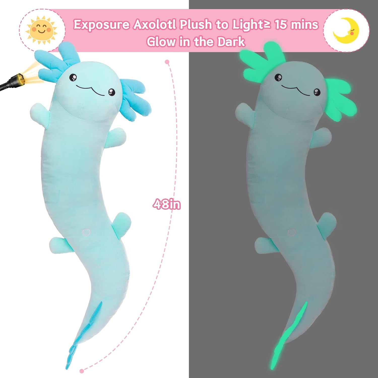 MaoGoLan Giant Axolotl Plush Body Pillow, Big Axolotl Stuffed Animal, XL Salamander Plush Pillow Toy for Kids, Glow in The Dark…