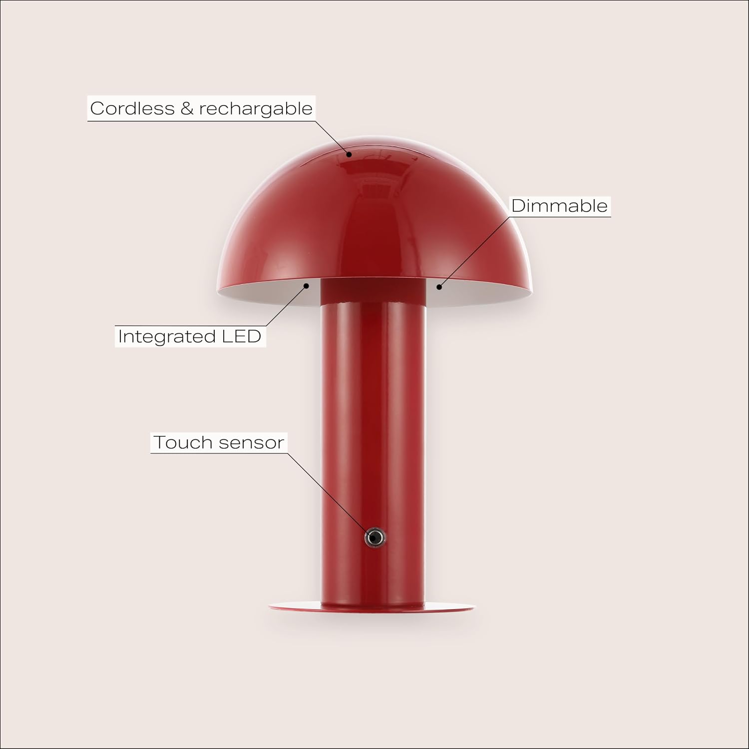 JONATHAN Y 10.75" Red Rechargeable LED Mushroom Table Lamp, Cordless Portable Bedside Lamp for Living Room Bedroom, 3-Way Dimmable Modern…