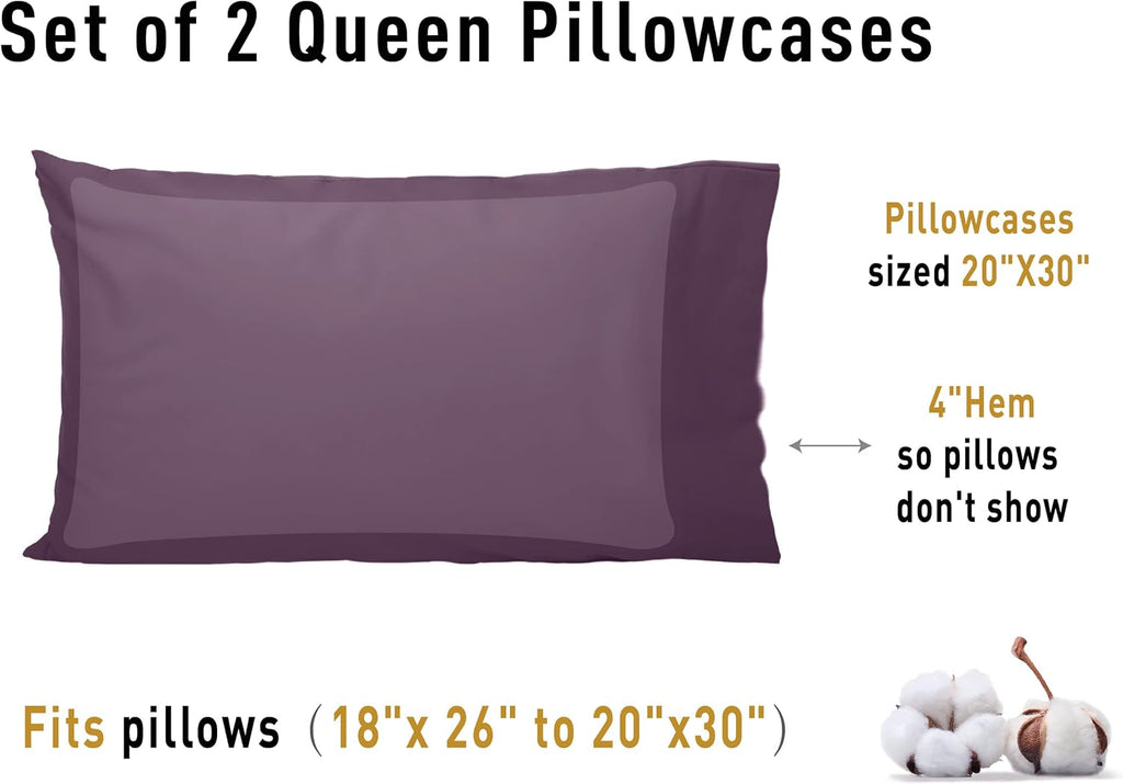 Sunflower Queen Pillowcases Set of 2, 100% Cotton Queen Size Pillow Cases 2, 20×30 inches Dark Purple, Soft and Breathable