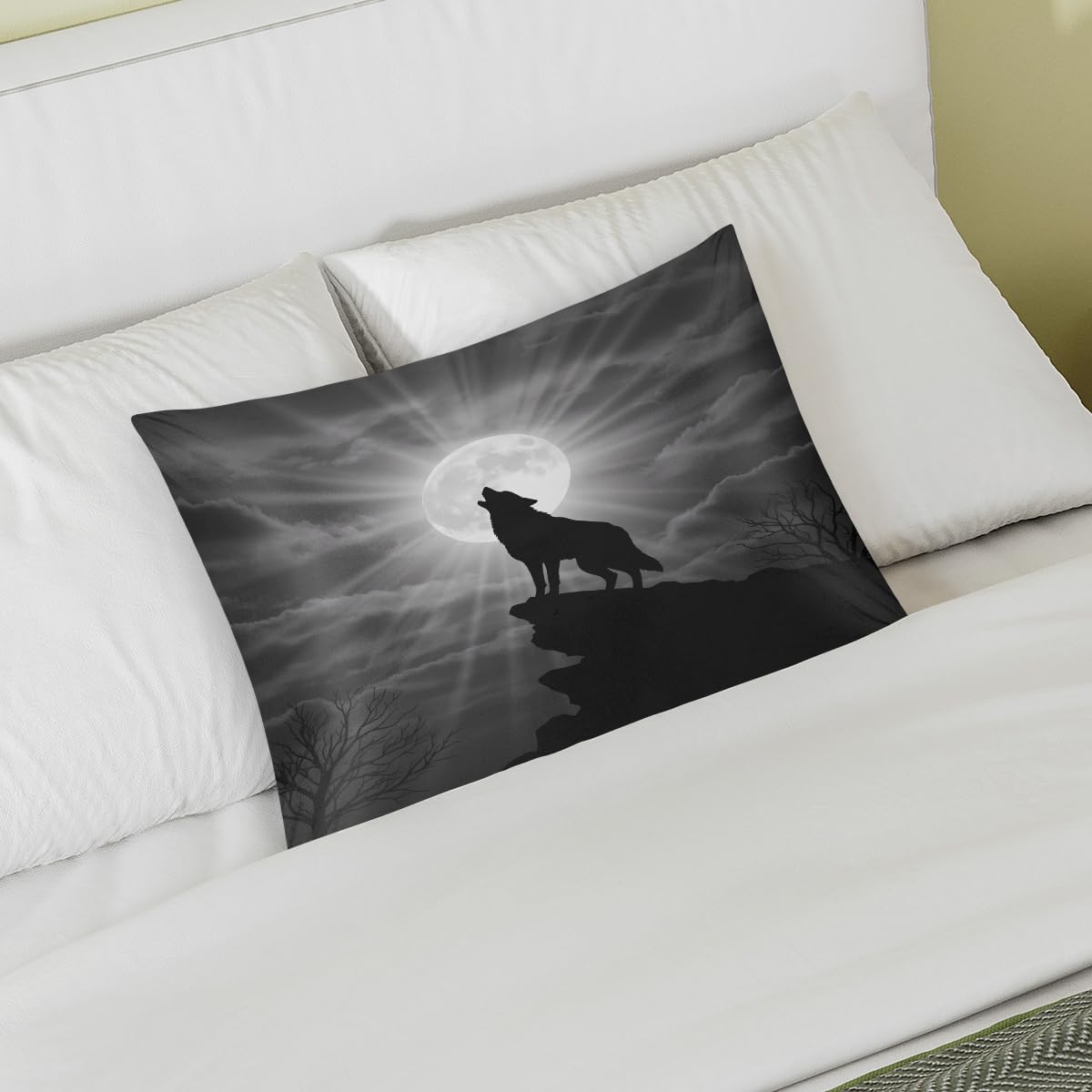 Satin Pillowcase for Hair and Skin, Standard Size Forest Howling Wolf Moon Decorative Pillow Sham with Envelope Closure Pillow Cover for…
