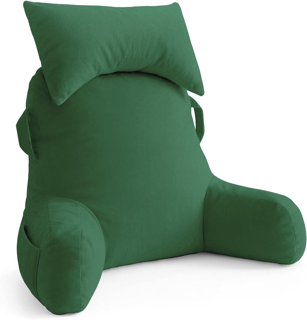 Unisakey Portable Reading Pillows with Headrest for Bed Sitting Up(Green Oeko-Tex), Velvet Back Pillow with Arms & Pockets for Adults…
