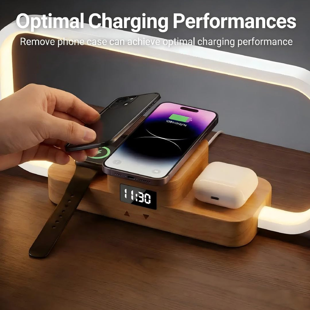 LED Bedside Lamp with Wireless Charger, 3-in-1 Touch Control Table Lamp with Clock, Dimmable Nightstand Lamp with 5 Color Modes, Modern…