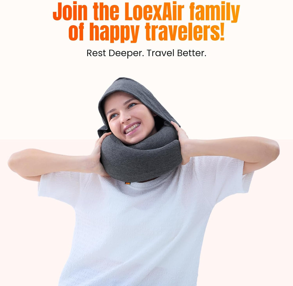 LOEXAIRTM Hooded Pro Travel Pillow - Memory Foam Neck Support Pillow for Airplane, Flight - Super-Soft Pure Cotton Fabric, Maximum Privacy…