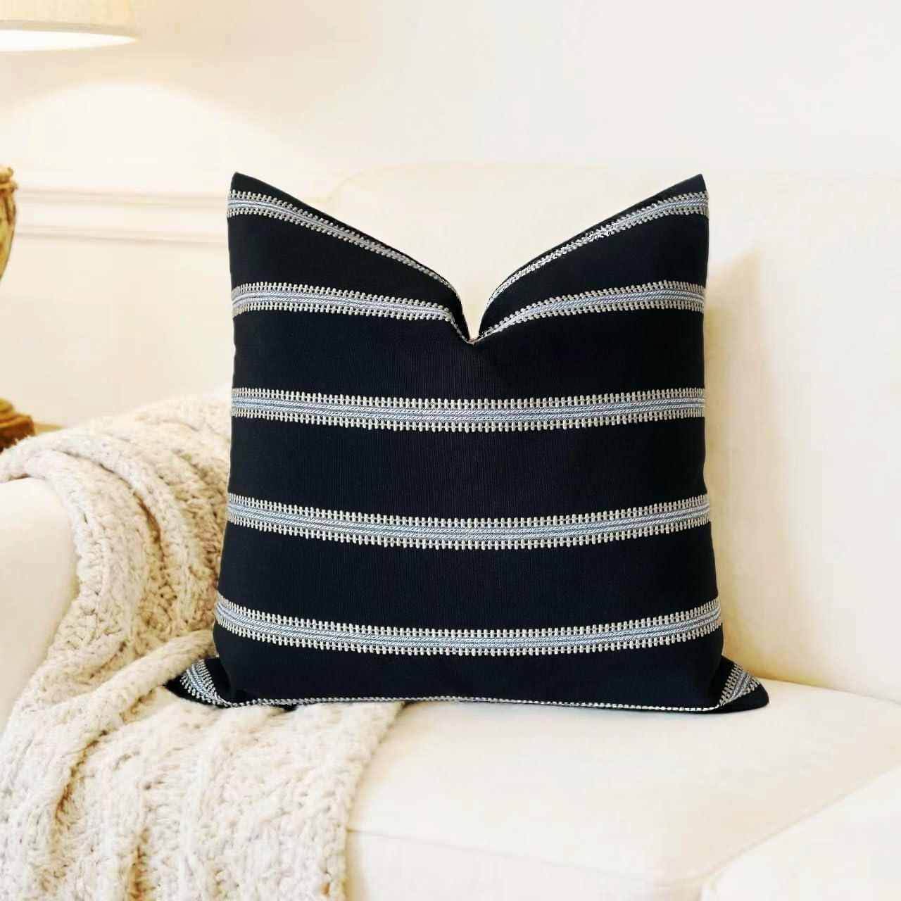 Slow Cow Textured Woven Stripe Throw Pillow Cover Modern Country Design Cushion Cover Pillow Cover 16 x 16 Inches Black Mixed Off White