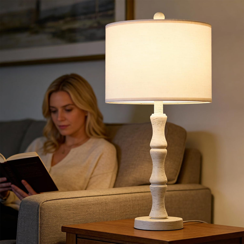 BOBOMOMO 25" Farmhouse Bedside Lamps Set of 2, Vintage Nightstand Lamps with Antique White Resin Base & Linen Shade, Standard Table Lamps…