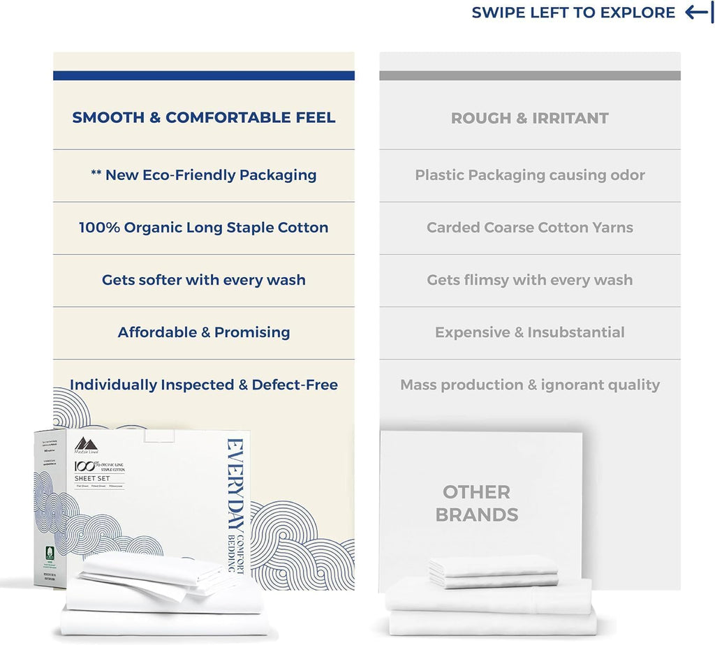 Mayfair Linen 100% Organic Cotton Percale Sheets Twin XL Size Pack or 2 - Soft & Crisp Organic Cotton Sheets Twin XL Size (6 PC, White)…