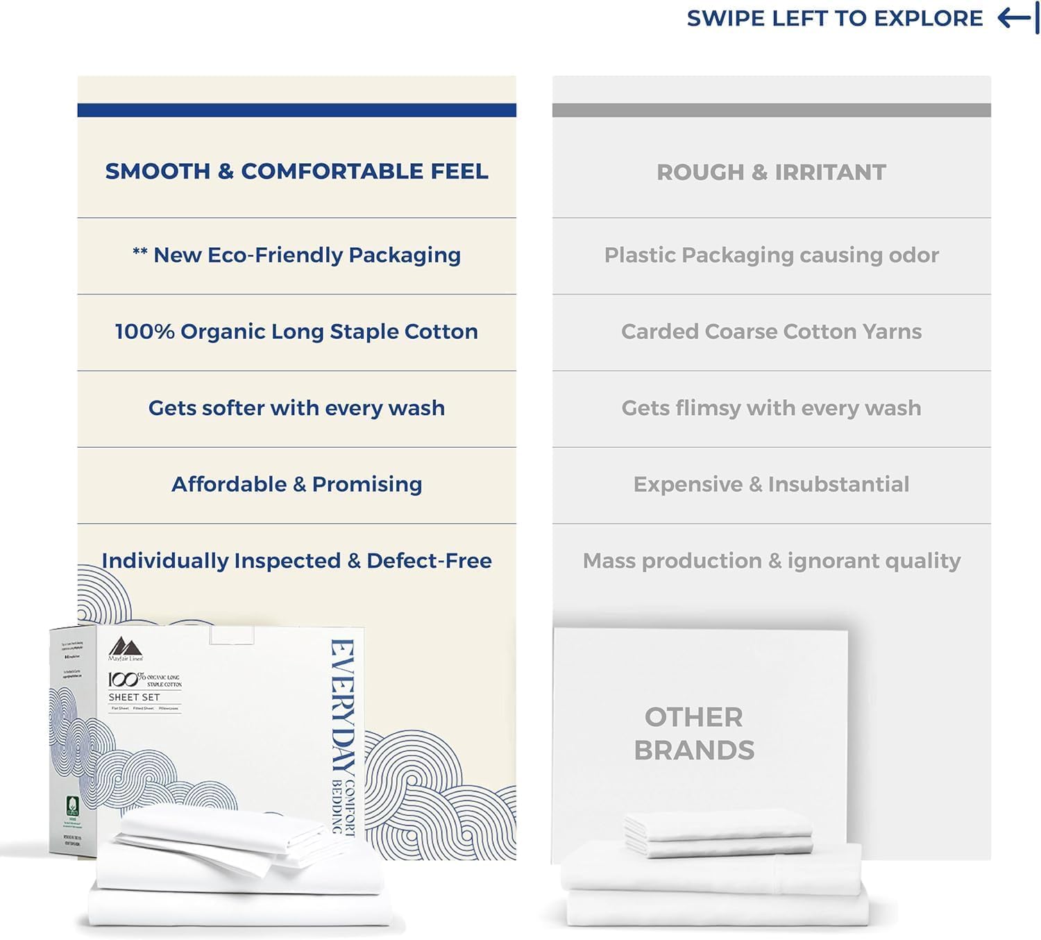 Mayfair Linen 100% Organic Cotton Percale Sheets Twin XL Size Pack or 2 - Soft & Crisp Organic Cotton Sheets Twin XL Size (6 PC, White)…