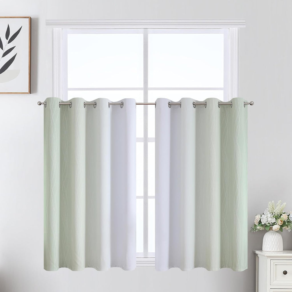Estelartextiler Estelar Textiler Sage Green and Greyish White Ombre Short Blackout Cafe Curtains 36 Inch Length, Thermal Insulated Grommet…