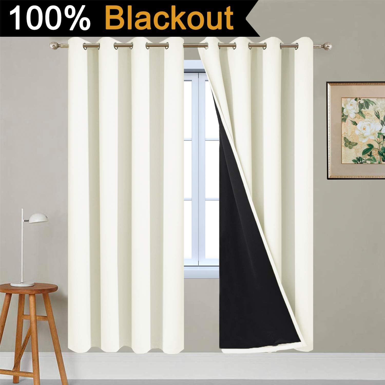 Yakamok 100% Blackout Curtains for Bedroom, Thermal Insulated Double Layer Drapes with Grommet for Living Room, Cream, 2 Panels, W52 x L72…