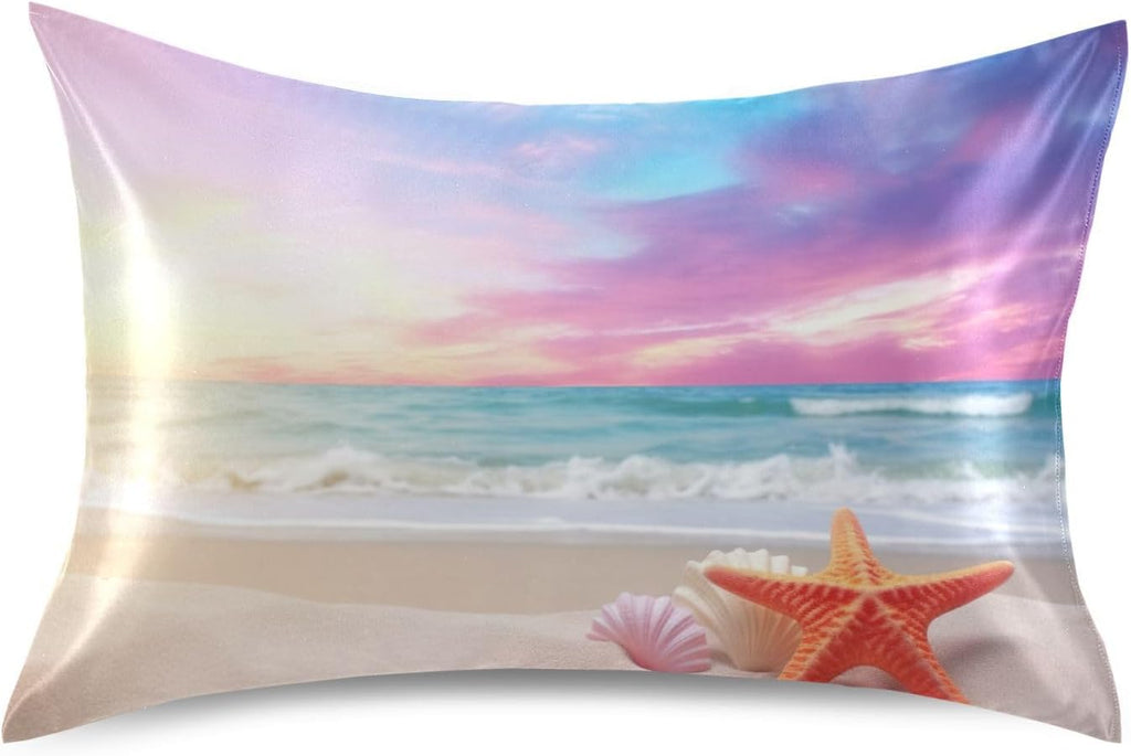 YETTASBIN Starfish Beach Satin Pillowcase, Soft Breathable Silk Pillow Case with Envelope Closure for Hair and Skin, Queen Size 30 x 20 Inch
